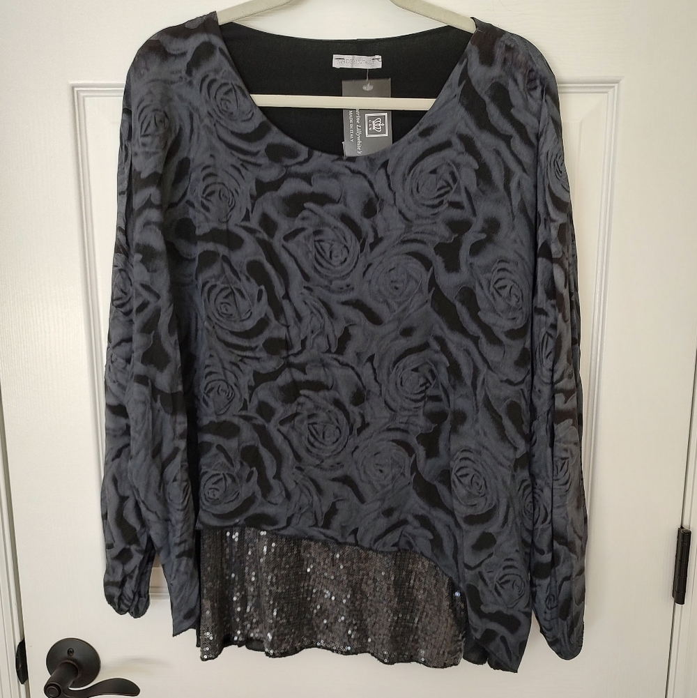 Catherine Lillywhite's Made In Italy Asymmetrical Sequin Rose Boho Gray Top NWT